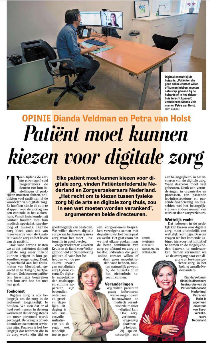Digitale zorg is voor veel patiënten een uitkomst, maar ook hard nodig om de zorg toegankelijk te houden. Het afgelopen jaar liet zien dat er veel meer mogelijk is met digitale zorg. <a href="/PatientenNL/">Patiëntenfederatie</a> en <a href="/ZNnieuws/">Zorgverzekeraars Nederland</a> pleiten daarom voor meer keuze voor digitale zorg. #digitalezorg