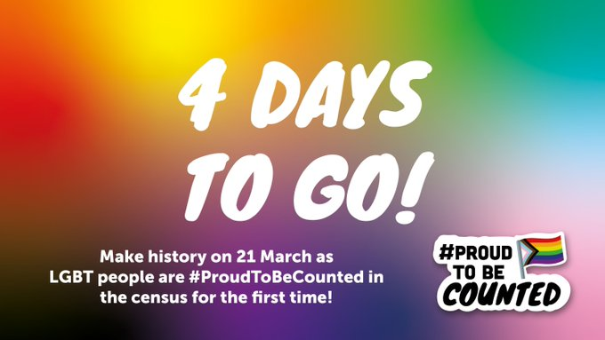 This is a once-in-a-decade opportunity. The census counts, and so do you! 🏳️‍🌈🏳️‍⚧️
 
In 4 days, you can be #ProudToBeCounted in the #Census2021 in England and Wales

Read this handy guide from the <a href="/LGBTfdn/">LGBT Foundation</a> on why it matters 👇
lgbt.foundation/proudtobecount…