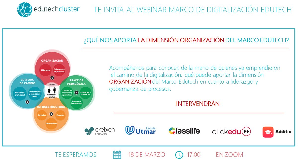 📢No te pierdas el webinar sobre el Marco de Digitalización de <a href="/EdutechCluster/">Edutech</a>
 
📆MAÑANA a las 17h.

👉 inscríbete aquí us02web.zoom.us/webinar/regist…

Gracias a <a href="/ClasslifeEd/">Classlife Education</a> <a href="/Clickedu/">Clickedu</a> <a href="/AdditioApp/">Additio App</a> <a href="/EscolaUtmar/">Escola Utmar</a> @escolagoar por su colaboración.

#marcodigitalización #educación #edtech