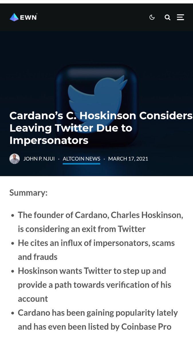 THopium's tweet photo. Popped up on my voyager app news feed #cardano @Twitter #verifycharles https://t.co/GolvvO7wRt