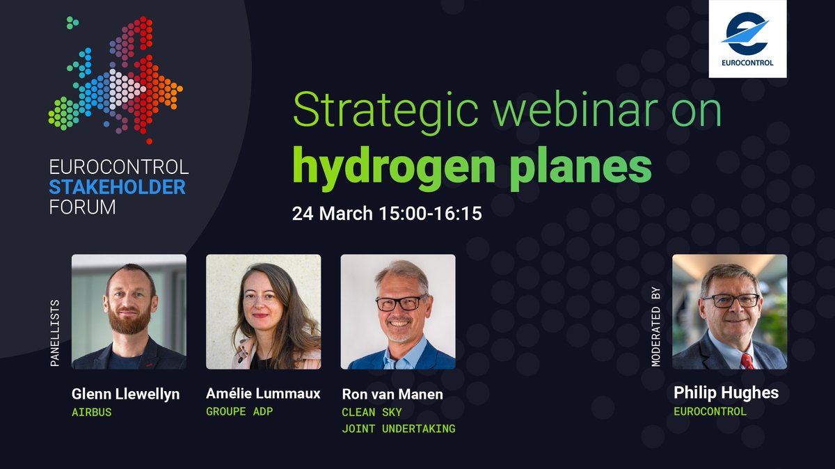 Is it realistic to expect hydrogen planes by 2035? Join the webinar on 24 March with industry leaders Glenn Llewellyn <a href="/Airbus/">Airbus</a>, @Amélie Lummaux <a href="/GroupeADP/">Groupe ADP</a> &amp; Ron Van Manen <a href="/cleansky_ju/">Clean Sky 2</a> to find out. Register today!
eurocontrol.int/event/eurocont…