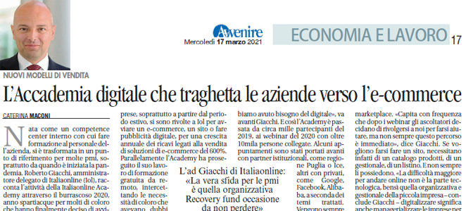 Oggi su <a href="/Avvenire_Nei/">𝐀𝐯𝐯𝐞𝐧𝐢𝐫𝐞</a> l'intervista al nostro CEO <a href="/GiacchiRoberto/">Roberto Giacchi</a> dedicata all'attività della Italiaonline Academy, che offre formazione gratuita, attraverso i webinar, alle imprese italiane. A scuola di digitale, insieme
#italiaonline #piacerediconnetterti #webinar
