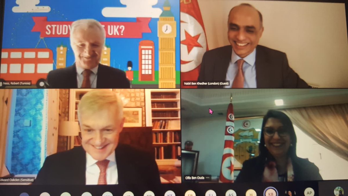 robertness1000's tweet photo. Today’s #Study in UK online Fair with very good-humoured ⁦Tunisian Ambassador @NBKhedher⁩, UK counterpart ⁦@EdwardOakden⁩ and Minister of Education Olfa Ben Ouda. Lots of advice online: ⁦@StudyUKBritish⁩ https://t.co/c90NNVxEeW