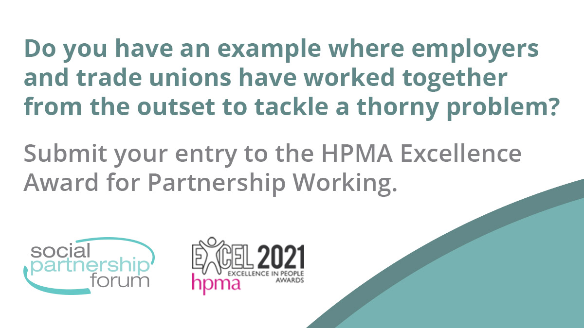 NHSEmployers's tweet photo. Do you have a great example of partnership working with trade unions? Submit an entry for the @NationalSPF award for partnership working at the @HPMAAwards #SPFnhs #HPMA2021 https://t.co/kaSE49Yvfl https://t.co/SLZRsY9noo