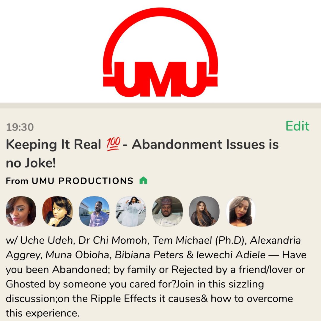 umuproductions's tweet photo. ABANDONMENT Issues is Real!
Have you ever been Abandoned; Either by family or Rejected by a friend/lover or Ghosted by someone you cared for deeply? Join in this sizzling discussion Today @ClubhouseBest link ➡️ https://t.co/FRTCaHtmFu 
#mentalhealthsupport #Wellbeing #friends https://t.co/6klAfwoHpW