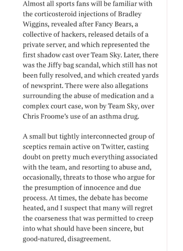 Good morning to my "small but tightly interconnected group of sceptics... casting doubt on pretty much everything associated" with Team Sky/ BC! 

In recent days we have again been proven right! Do you think we should seek individual or collective apologies from <a href="/matthewsyed/">Matthew Syed</a>?