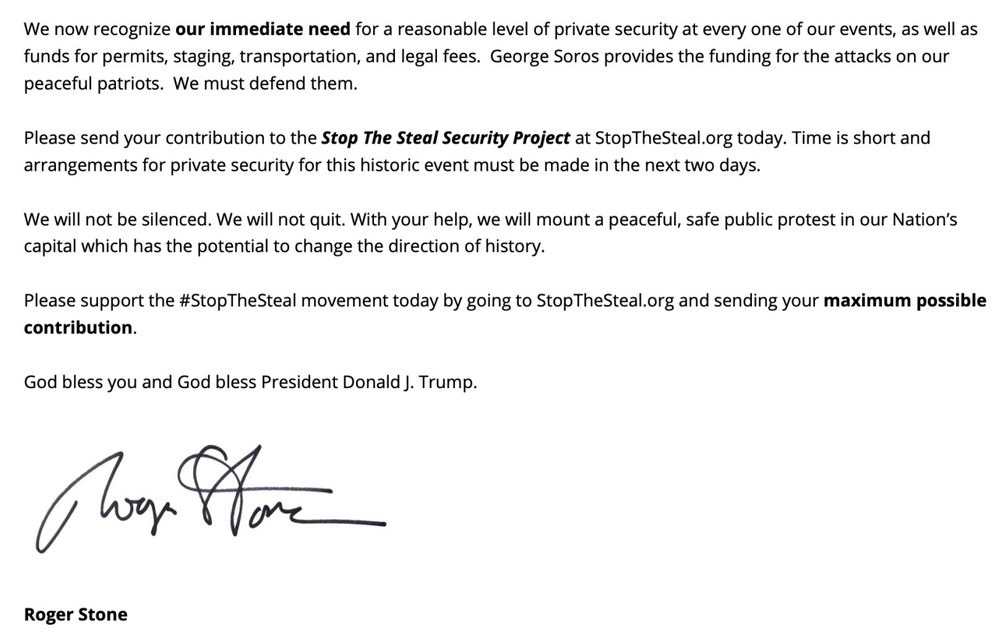  #DCRallies2/ MJ: Roger Stone solicited contributions for Jan 5/6 events through the StopTheSteal website (which he launched in 2016) “for private security at every one of our events, as well as funds for permits, staging, transportation, and legal fees” https://www.motherjones.com/politics/2021/01/roger-stone-did-something-wrong/