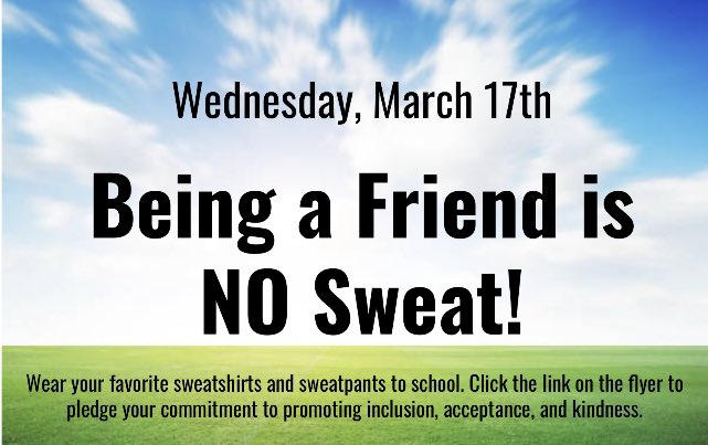 Ms_Solomon127's tweet photo. Are you ready for “Being a friend is NO Sweat!” Day?  Please remember to participate in our other activities for Play Unified’s Week of Respect - Spirit Week!  #weekofrespect #spiritweek #choosetoinclude @LyndhurstMiddle @UnifiedPlay https://t.co/cWs5zsENEG