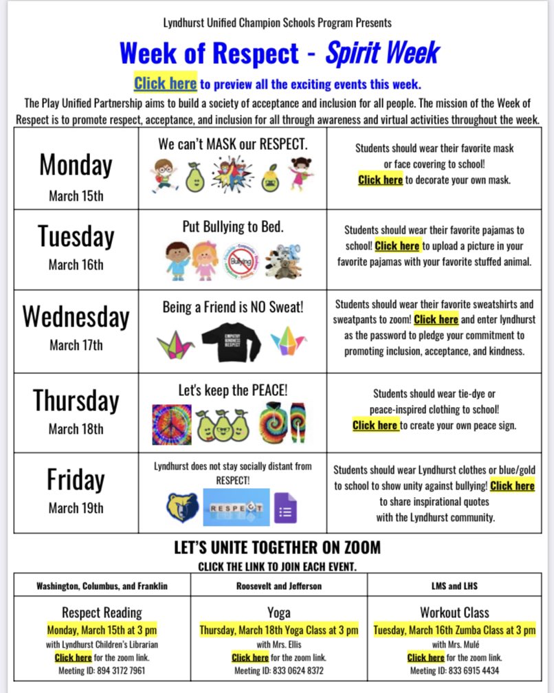 Ms_Solomon127's tweet photo. Are you ready for “Being a friend is NO Sweat!” Day?  Please remember to participate in our other activities for Play Unified’s Week of Respect - Spirit Week!  #weekofrespect #spiritweek #choosetoinclude @LyndhurstMiddle @UnifiedPlay https://t.co/cWs5zsENEG