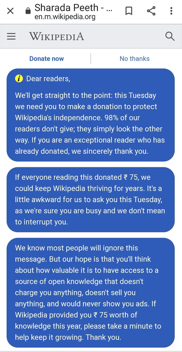 mm_0774's tweet photo. Dr @Swamy39 ji
Yesterday I was searching about Sharda Peeth and I got pop up msg ,Shameless idiots again asking for funds. Please be aware of @Wikipedia #WikipediaSCAM
Cc @jagdishshetty ji @REIyer4 @NATRAJSHETTY @rameshnswamy @niku1630 @ArvindChaturved @NAVANGULTEJAS https://t.co/Mo1RzgXRAT