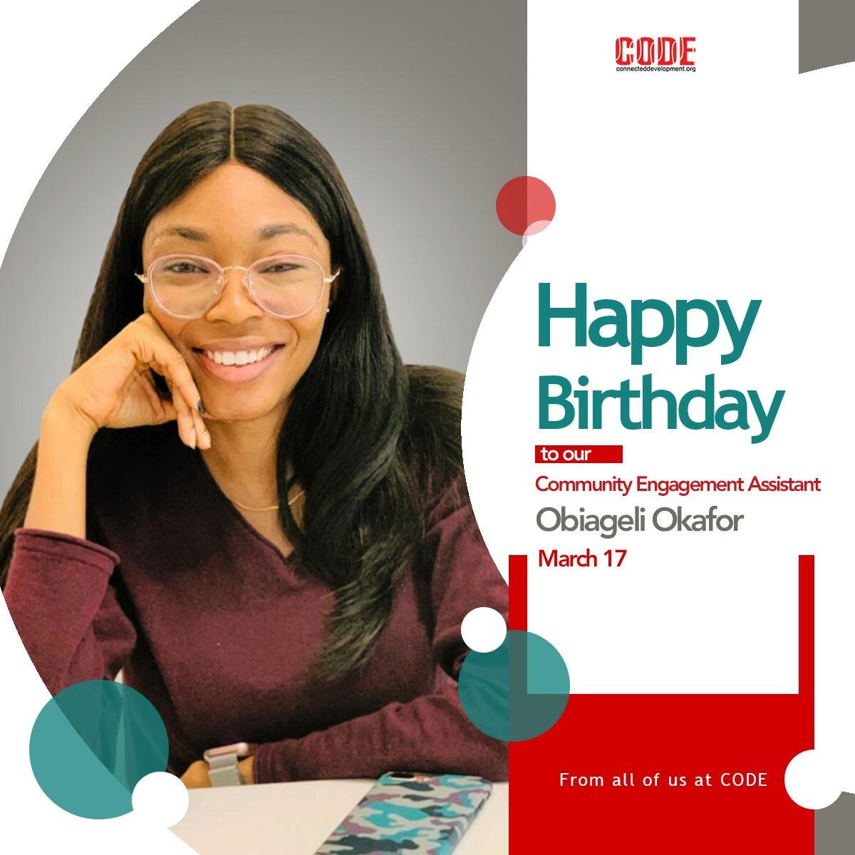 Connected_dev's tweet image. Happy Birthday to CODE's newest Community Engagement Assistant Obiageli Jane Okafor @ObiiOkafor1 
Your belief in community empowerment has been instrumental to our work.
We look forward to more exploits from you.
#CODErs #HumansofCODE