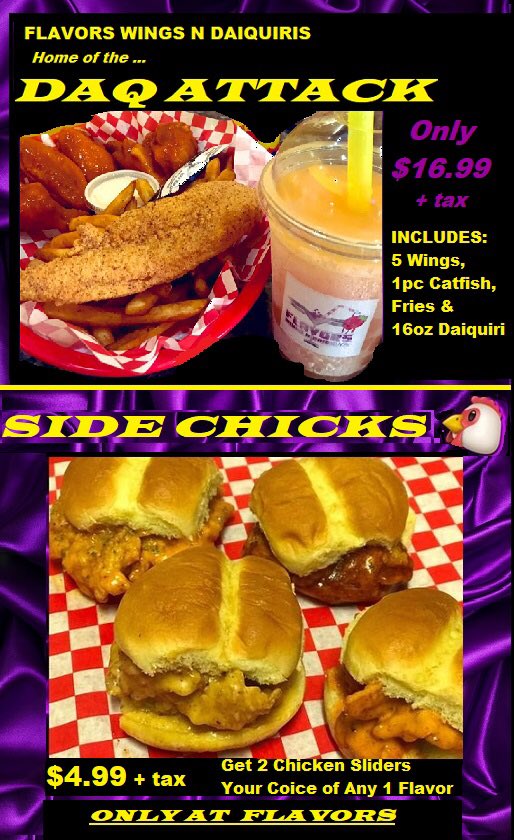 FlavorsWingDaq's tweet image. Get a Daq Attack Combo Includes: 5 wings (any 1 flavor), 1 pc Catfish, Fries, &amp;amp; 16oz Daiquiri. OR - an order of SideCHICKS from @FlavorsWingDaq #DaqAttack #SideCHICKS #ArlingtonTX Plz❤️&amp;amp;RT #DallasMavericksFans #DallasWings #CowboysNation #DallasStars #TexasRangers #Wings #Catfish