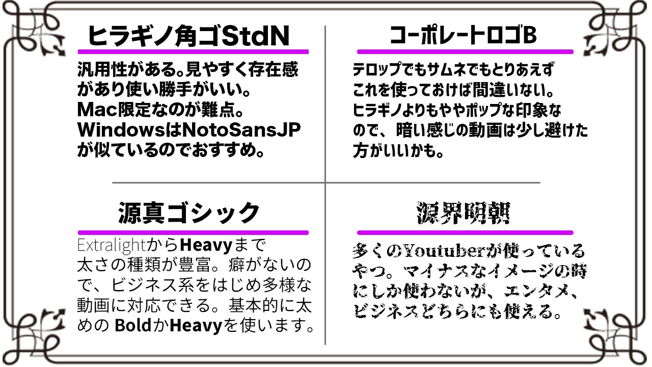 えのき 動画編集員 動画編集者必見 動画編集初心者が絶対知っておくべきフォントを図解しました 汎用性があるので絶対必要 視認性が良いので絶対必要 使いどころは限られるが表現の幅が広がるので絶対必要 英語もかっこよくキメるためには