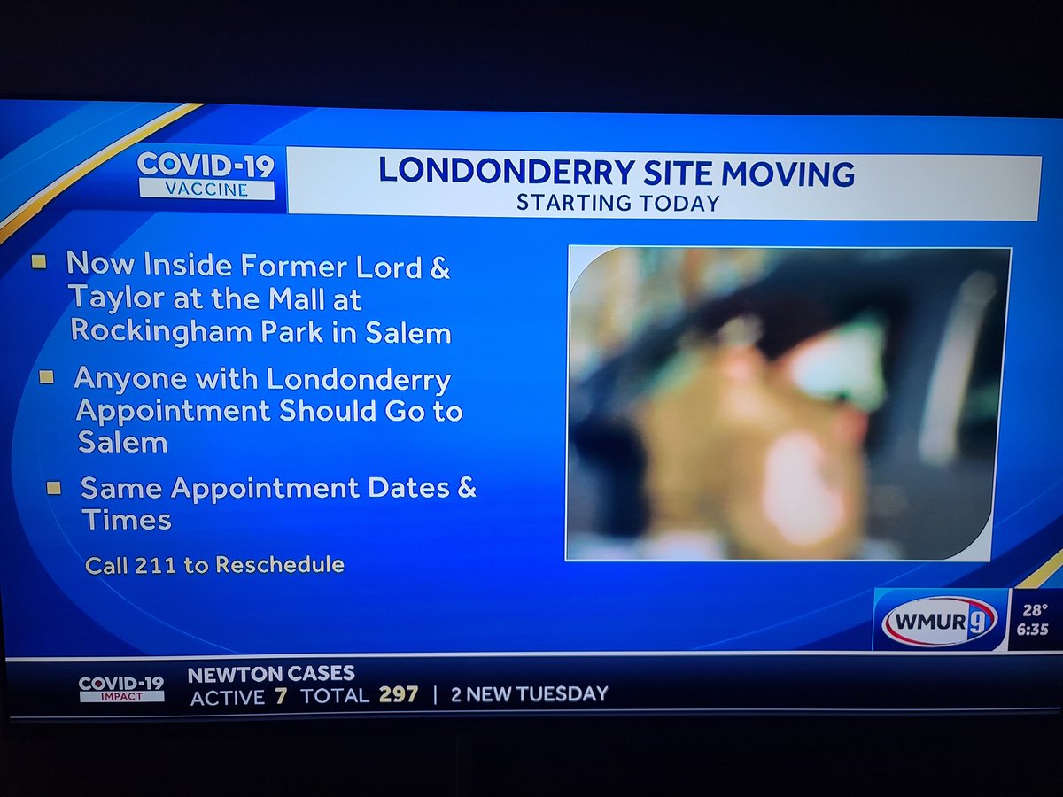 **NOTICE**  Effective today:  Anyone scheduled for a Covid-19 vaccine in Londonderry at Exit 4 should report to the new location in Salem.  It is inside the former Lord &amp; Taylor in the Rockingham Mall.