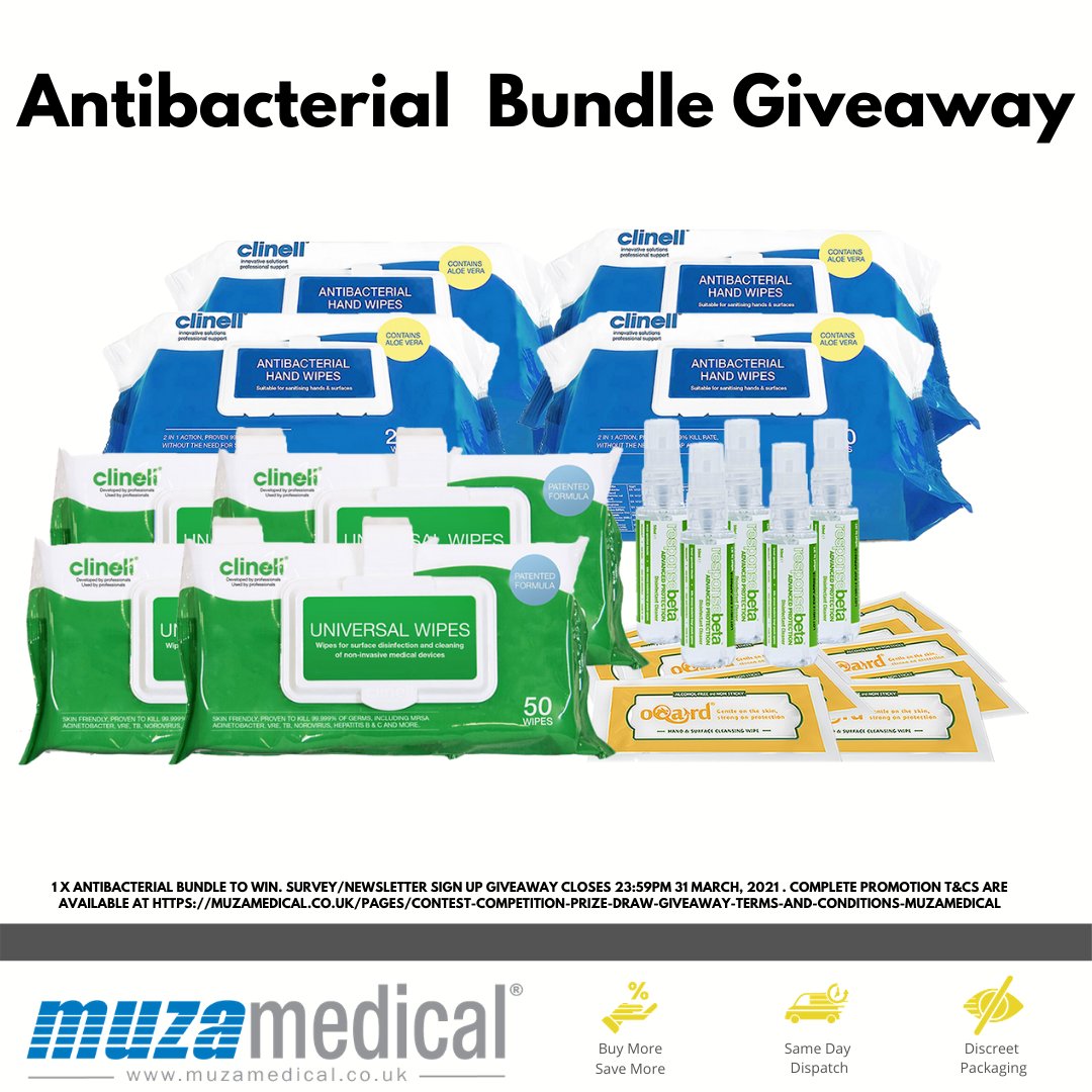 muzamedical's tweet photo. Complete our survey for a chance to #WIN* an Antibacterial Bundle worth £50 ➡️ https://t.co/Wmmsza6UQu

    4 x Clinell Antibacterial 
    4 x Clinell Universal Wipes 
    5 x Responsebeta Spray 
    20 x Oqard Hand &amp; Surface Cleansing Wipes

#Competition #contest *UK #giveaway https://t.co/YMVuybWEdP