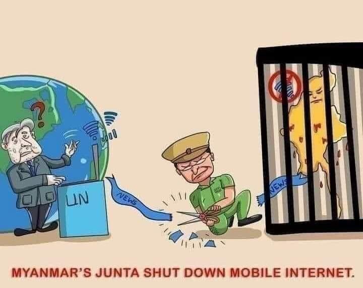 Military junta is cutting our mobile internet.
This post is uploaded through FTTH wifi which may be cut off later.
If you don't hear again from us in next 24 hour, please let the world know that Myanmar people are under injustice repression.
#WhatsHappeningInMyanmar