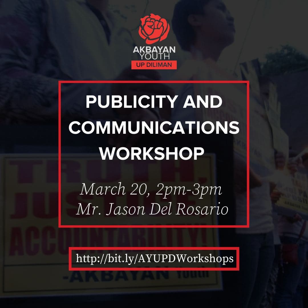 AY_UPD's tweet photo. [A!Y Diliman Pubmaking Workshop]

Akbayan Youth Diliman is holding a Pubmaking Workshop with speaker Jason Del Rosario on Saturday, 2-3 PM. Join us as Jason discusses pubmaking using Adobe Photoshop and demonstrates pub making live!

Signups @ https://t.co/L0kEwVe7kc https://t.co/RyQfearSuN