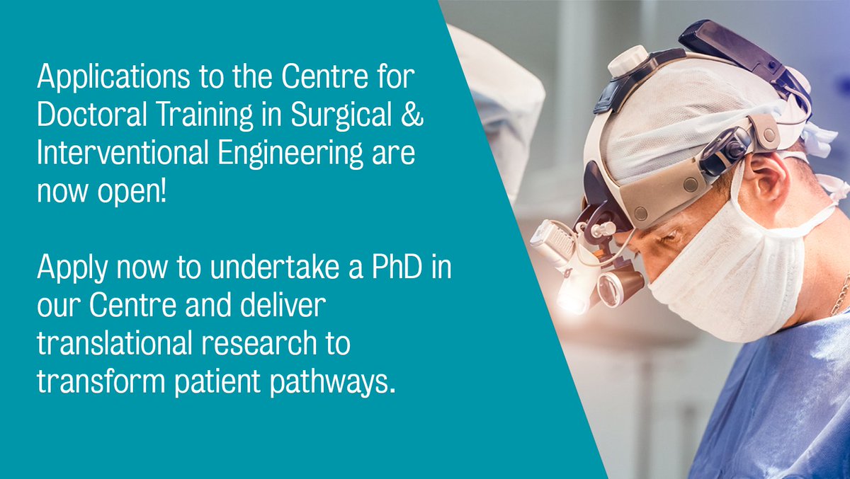 Want to make a difference to #healthcare? 🏥

Projects in our Centre for Doctoral Training in Surgical &amp; Interventional Engineering combine expertise from across fields &amp; organisations to innovate the surgical &amp; interventional field. 

Apply by April 19 👉🏻surgerycdt.com