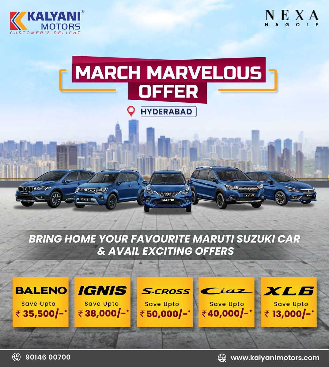 KalyaniMotors's tweet image. Steer home your favourite Maruti Suzuki NEXA car and enjoy the  'March Marvelous offers'. Book now from Kalyani Motors Hyderabad and don’t miss the exciting #saveupto offers. kalyanimotors.com
#MarvelousMarch #indiancars #NEXAcars #Hyderabad #MarutiSuzuki #KalyaniMotors