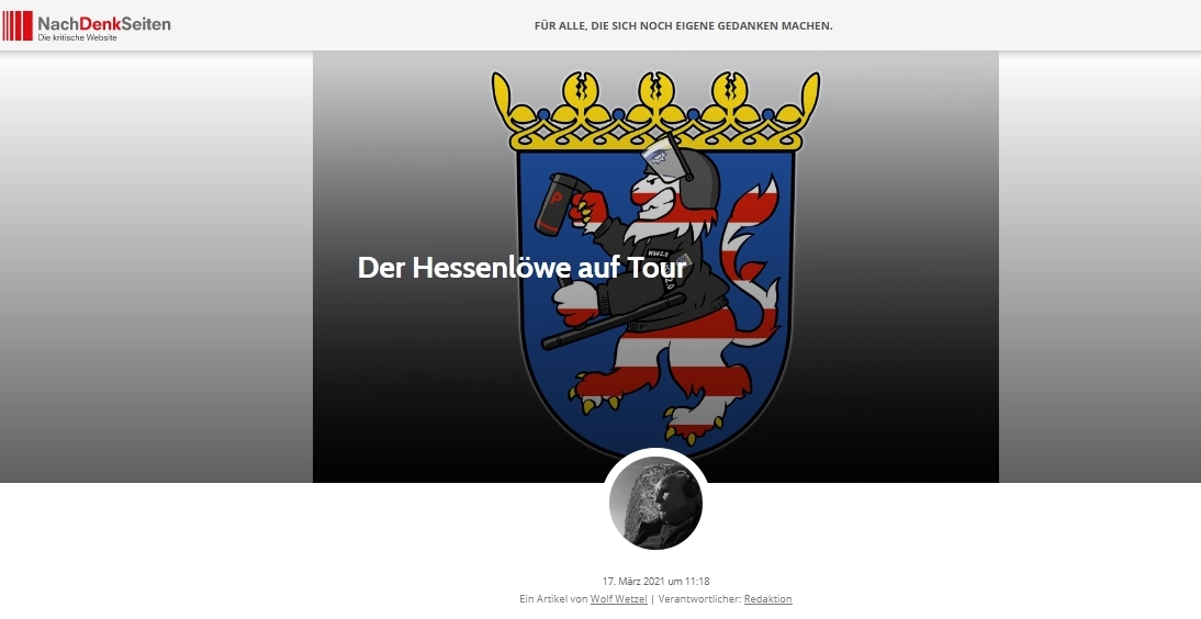Der Hessenlöwe auf Tour
Selbstverständlich gibt es keine Löwen mehr in Deutschland – auch in Hessen nicht. Als „Hessenlöwen“ bezeichnet man vielmehr das Hoheitswappen für das Bundesland Hessen, auf dem ein Löwe in bedrohlicher Haltung als Motiv benutzt

wolfwetzel.de/index.php/2021…