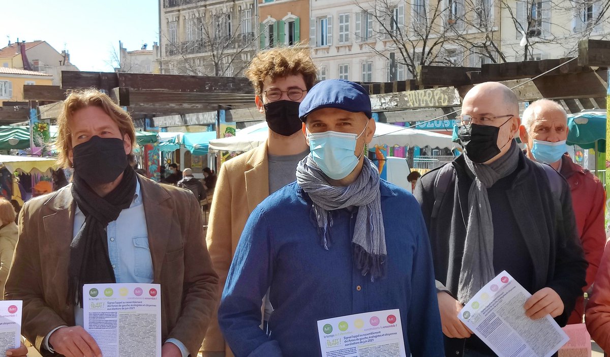 <a href="/OlivierDUBUQUOY/">Olivier DUBUQUOY</a> était ce matin au marché du cours Julien à #Marseille ☀️ Aux côtés de plusieurs de ses soutiens, il a défendu "il est temps !", un appel au rassemblement des forces de gauche, écologistes et citoyennes dans la Région Sud #Régionales