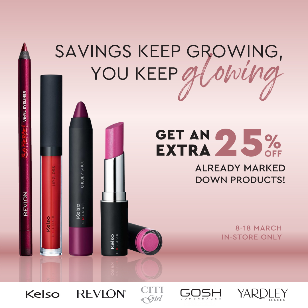 Bigger, better, bolder savings for your makeup collection!
 
Grab another 25% OFF already marked down products from the 8-18 March.

Shop all your favourite pieces in-store today. 
 
#Edgars #EdgarsBeaut