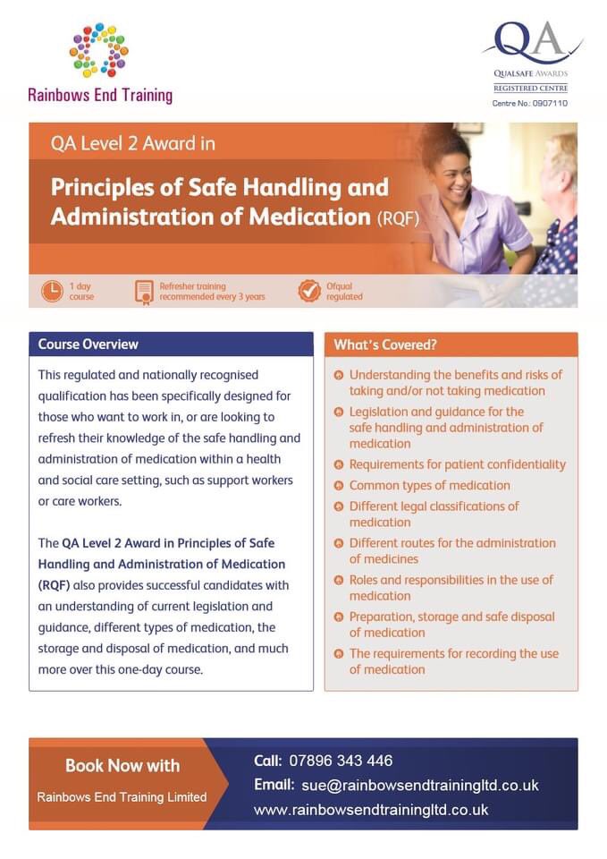 rainbowsendltd's tweet photo. WE ARE DELIGHTED TO BE APPROVED TO DELIVER:
QA L2 Principles of Safe Handling and Administration of Medication (RQF)
This regulated and nationally recognised
qualification has been specifically designed for
those who want to work in, health or care settings #medication https://t.co/StP2QbLX6G