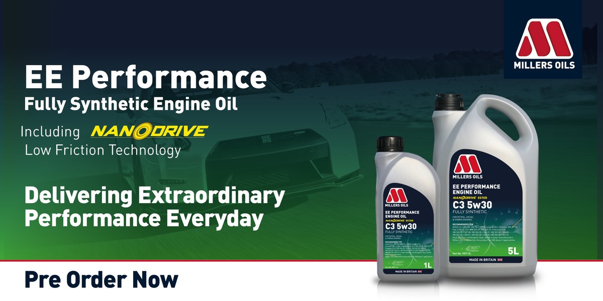 MillersOilsLtd's tweet photo. EE Performance from Millers Oils is the 'track day ready', high performance Fully Synthetic Engine oil for on-road use.
Click on the link below to find out more:
https://t.co/UxNm15qvSb
#MillersOils #Performance #EngineOil #NANODRIVE #Motorsport https://t.co/vk7fXTG8LB