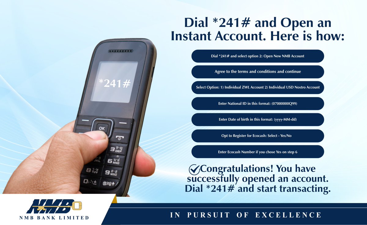 NMBBankZim's tweet photo. Banking on the go with NMB Bank โnekaMbudziโ! Dial USSD *241# to open your instant account in seconds and transact on NMBConnect today. #NMBBankRedefiningBanking #NMBBank #NMBConnect #NMBBankYourDigitalBank #NMBStaySafe https://t.co/Iwvc1nK6Mo