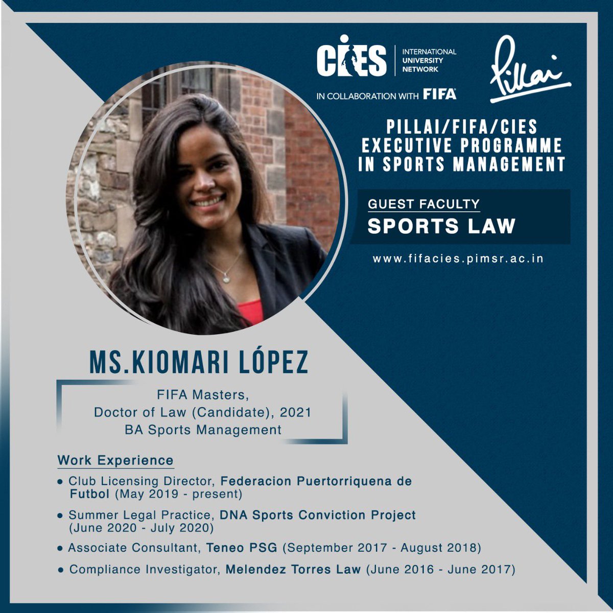 Ms. Kiomari López  a FIFA Master and Club Licensing Director of the Puerto Rico Football Association will be conducting a session on Club Licensing in World Football for the students of #fifaciesindia. Really looking forward to this one !
.
.
#pillaififacies #sportsmanagement