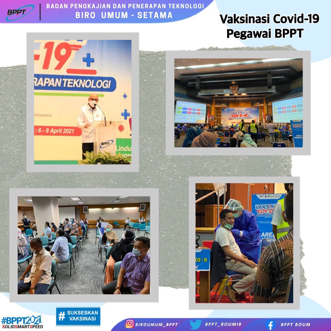 BPPT_ROUM18's tweet photo. BPPT melaksanakan vaksin covid-19 untuk seluruh pegawai yang dimulai Rabu,17 - 20 Maret 2021 di Gedung 2 BJ.Habibie. Kami Biro Umum mendukung penuh untuk sukseskan vaksinasi covid-19 di BPPT. Tetap disiplin menjalankan Prokes ya.
#sukseskanvaksinasi
#biroumumbppt 
#vaksìncovid19 https://t.co/ReO22nEI5u
