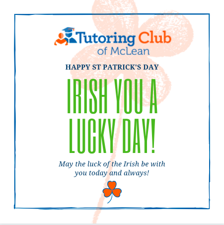 TutoringClubNVA's tweet photo. Happy St. Patrick’s Day! We wish all of our students GOOD LUCK on any upcoming exams and projects!🌈🍀📚🍀✏️🍀🌈

#StPatricksDay #PaddysDay #LuckyCharm #LuckOfTheIrish https://t.co/w0yxGXpEmT