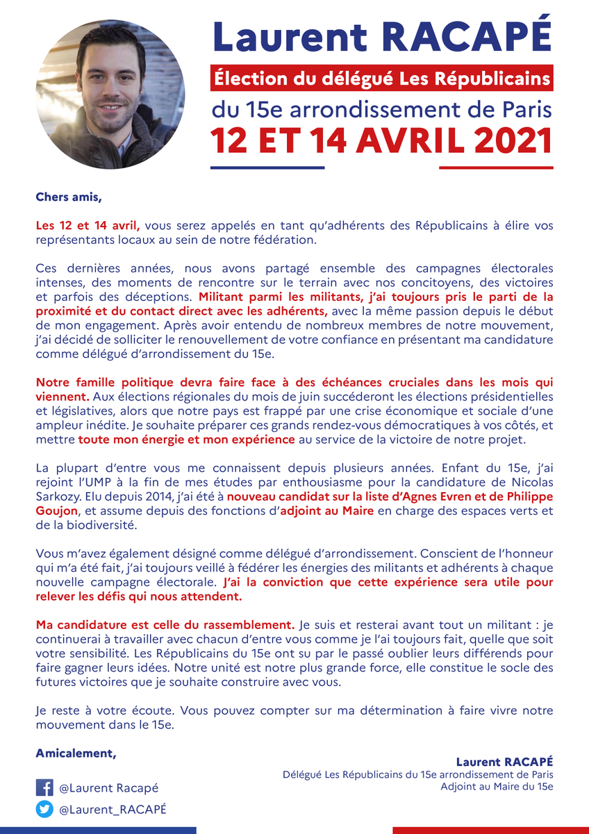 Laurent_RACAPE's tweet photo. Je sollicite vos suffrages pour un nouveau mandat de délégué Les Républicains du 15ème arrondissement. Proximité, rassemblement, engagement. #Paris15 #Lesrépublicains https://t.co/2VqCdxh2Zl