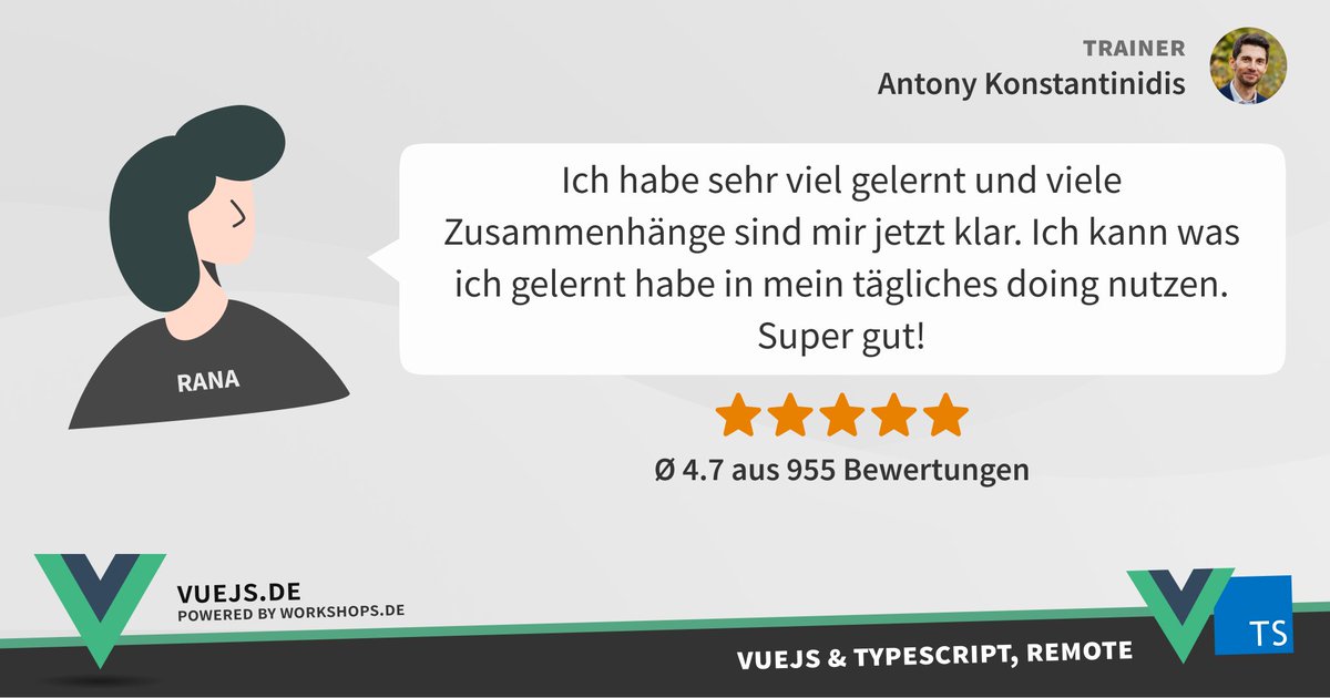 workshops_de's tweet photo. #FeedbackOfTheWeek
Neustes Feedback unserer #Vue & #TypeScript Intensiv- #Schulung mit Toni von @vue_js_de
🤫 Die nächsten #Workshop Termine findet ihr hier:
https://t.co/Xtboni62l4 https://t.co/wxdWPEtoYm