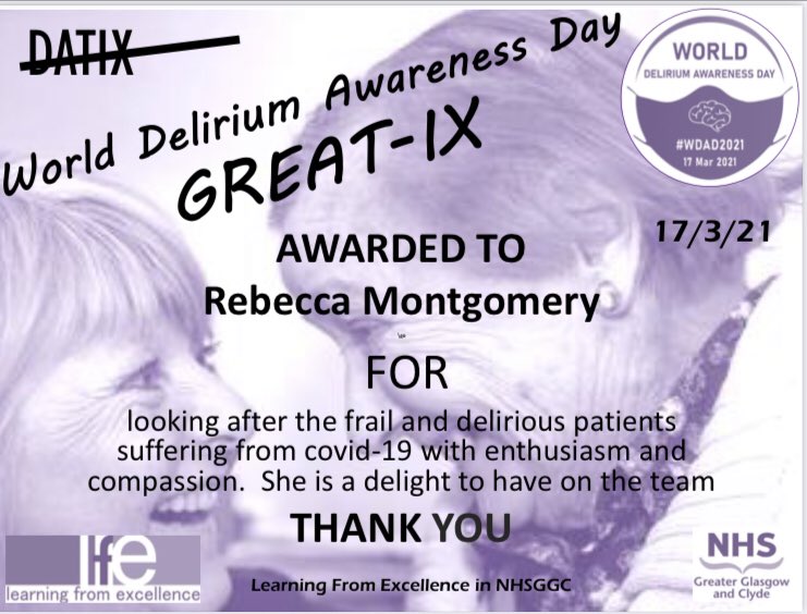 Staff nurse in orthopaedics #GRI @nhsggc Rebecca has embraced working with frail and delirious covid patients in ward 26 and 27 #WDAD2021 superhero for her compassion and skill 💜