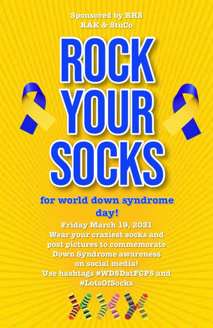 mrsbentleybhs's tweet photo. BHS get your crazy socks ready for Friday, March 19th to show your support for World Down Syndrome Day #lotsofsocks  #WDSDatFCPS  ⁦@SBittner07⁩  ⁦@BrunswickHSSC⁩ https://t.co/EOALsfykap
