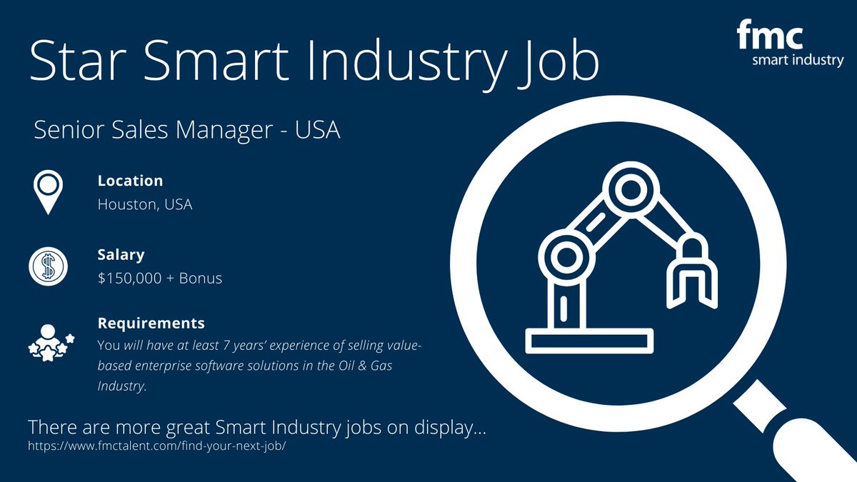 This weeks' Smart Industry star job is...

⭐Senior Sales Manager⭐

📍Houston, USA
💰$150,000 + Bonus

You can find out more about this role and apply through our website: fmctalent.com/fmc-jobs/sr-sa… 

#recruitment #opentowork #HIRINGNOW #Job #manufacturing #Sales