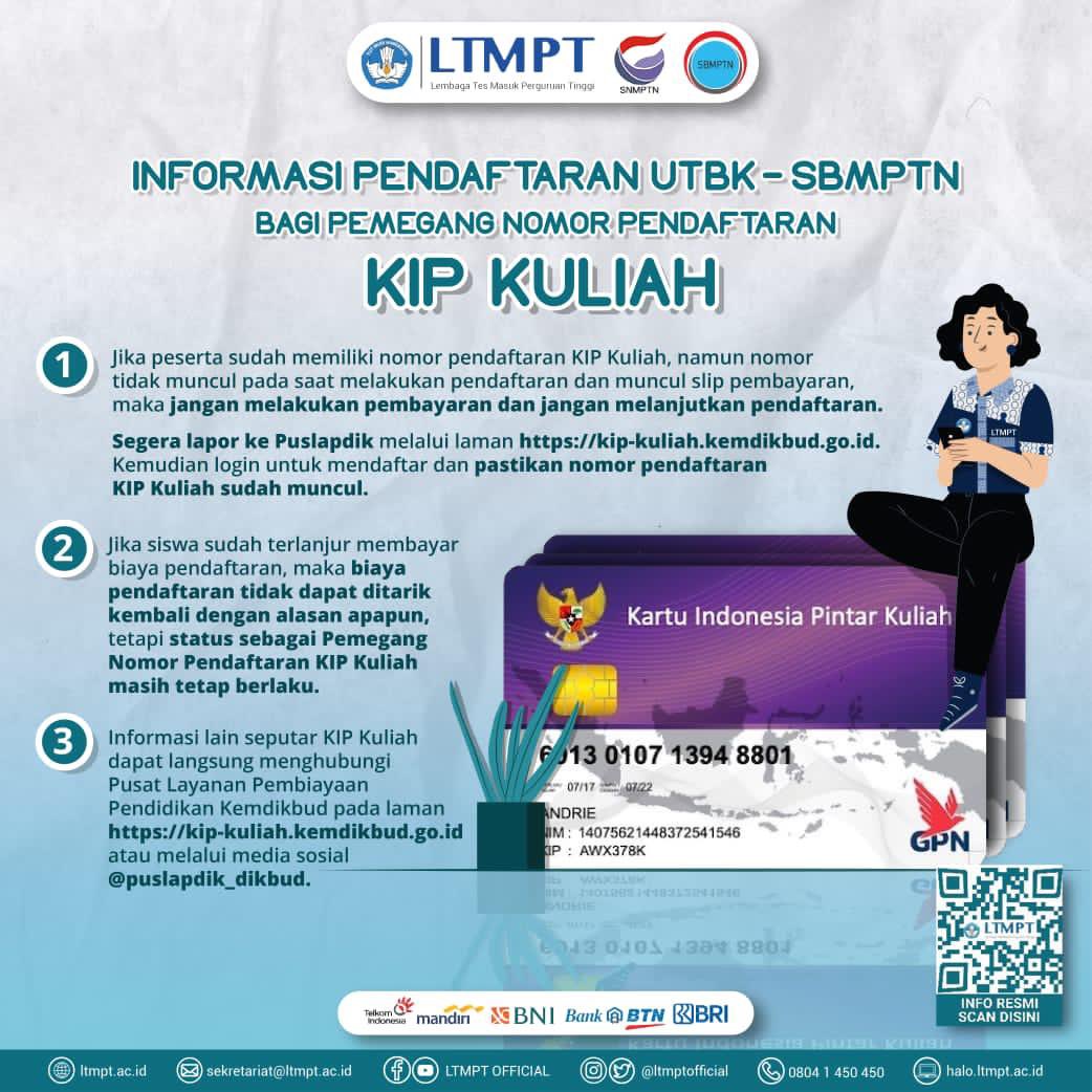 ‼️INFORMASI PENDAFTARAN UTBK-SBMPTN 2021 BAGI PEMEGANG NOMOR PENDAFTARAN KIP KULIAH‼️

Hallo Calon Mahasiswa Indonesia!

Bagi siswa pemegang nomor pendaftaran KIP Kuliah dan mengalami kendala pada proses pendaftaran UTBK-SBMPTN 2021 yuk kita simak bersama informasi terkait KIP-K!