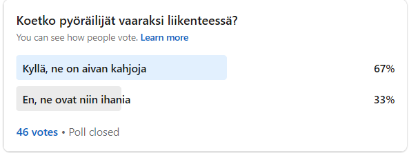 sami_hasa's tweet photo. Tein Linkkariin kyselyn kevyen liikenteen turvallisuudesta ja sen kyselyn tulos oli karua luettavaa. Kyselyyn vastasi 46 henkilöä, joten "ännä" on kattava edustamaan koko Suomen yleistä mielipidettä :) #lähitapiolapks #elämänturva #mullaonmyöspyörä https://t.co/Nu1Vf73yHb