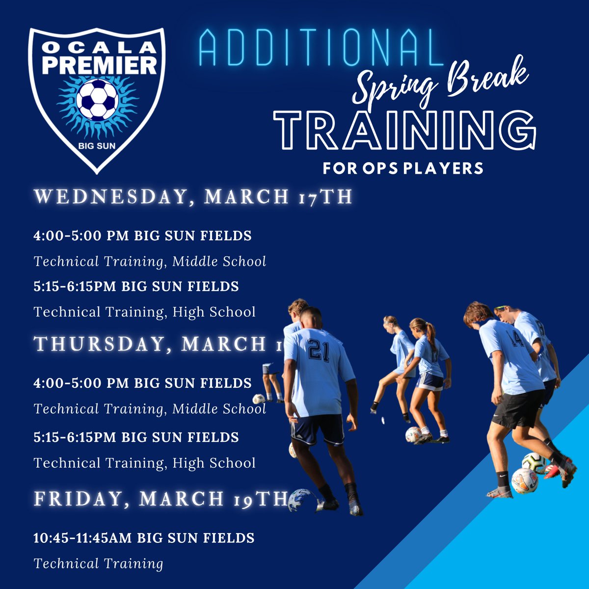 BsyslOps's tweet photo. A D D I T I O N A L   T R A I N I N G...
Still in town? Join Coaches Pezz, Wyatt, and Derik at Big Sun. Training available for middle and high school OPS players.  Sessions $5 each. 
Venmo @BigSunSoccer 
Is your player younger?  Join Coach Jenn 8-2pm at Big Sun this week. https://t.co/59tHyFjfD1