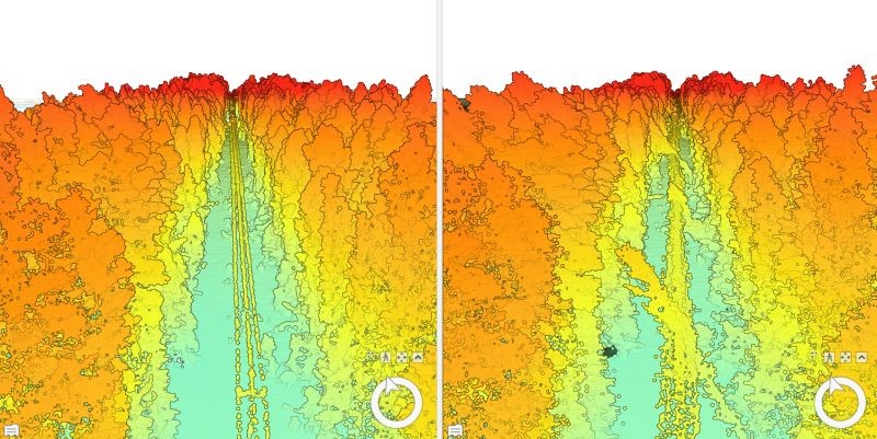 Ekat dronella kuvatut Lidar-skannaukset testiradalta. Vasemmalla ennen häiriöitä, oikealla häiriöiden teon jälkeen. Mallit näyttävät lupaavilta, odotamme mielenkiinnolla tuloksia. Kohti 24/7 vianetsintää. Yhteistyössä <a href="/Esri/">Esri</a> ja @Hepta_Airborne #älykäskunnossapito @jarvisuomenene