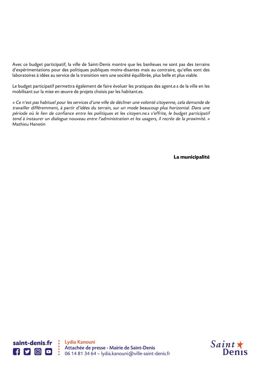 I COMMUNIQUÉ DE PRESSE I
Un nouveau budget participatif pour la ville de Saint-Denis

👉 Plus d'informations sur le site de la Ville : ville-saint-denis.fr/actualite/nouv…