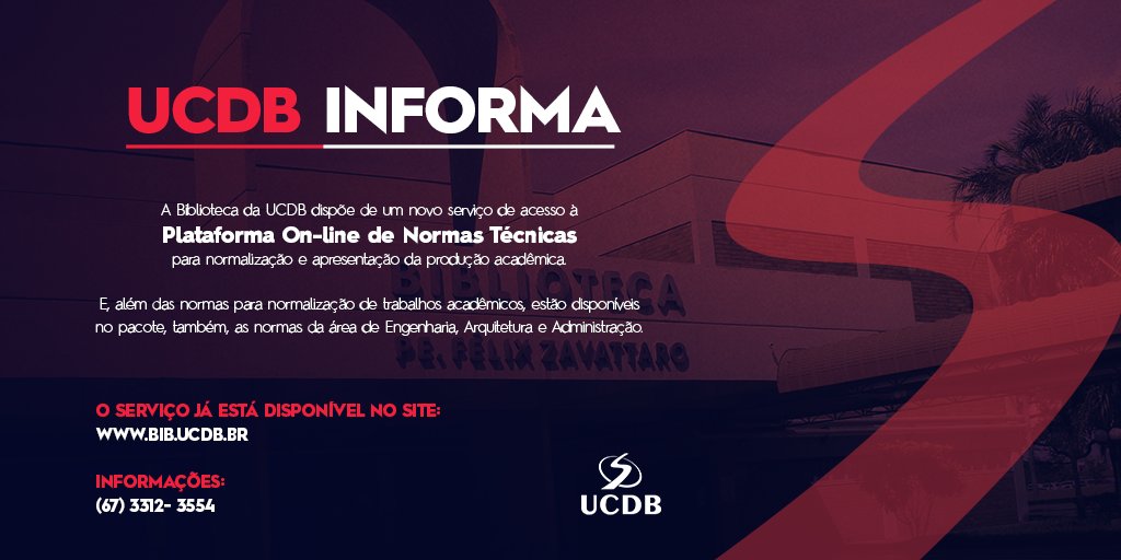 UCDBoficial's tweet photo. Mais uma novidade para a nossa comunidade acadêmica!😉💻📚
Agora a Biblioteca da UCDB conta com uma plataforma on-line com as Normas Técnicas da ABNT e Mercosul, chamada Target/GedWeb.
O serviço está disponível no site https://t.co/XQamYoQaXK
Mais informações: ☎(67) 3312-3554. https://t.co/xBp2JStkfb