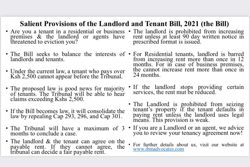 IBMadvocates's tweet photo. Salient provisions of the landlord and tenant bill 2021.
info@ibmadvocates.co.ke 0700469124 https://t.co/2LL2h6CRfV