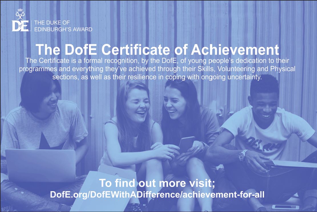The DofE Certificate of Achievement is a formal recognition, by the <a href="/DofE/">The Duke of Edinburgh’s Award</a>, of the dedication and achievement through the three sections, as well as demonstrating resilience in coping with ongoing uncertainty. Click below to find out more....
dofe.org/dofewithadiffe…