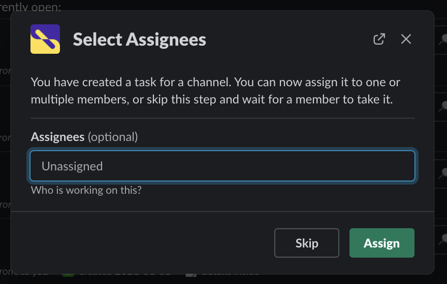 GetSidequestApp's tweet photo. @ethostrong Actually it's even easier: you send the task to the channel, and can then assign it in the screen that appears right afterwards (if you are a member yourself). Alternatively, people in the channel can assign themselves once a task has been posted. https://t.co/9Lm6YygXJJ