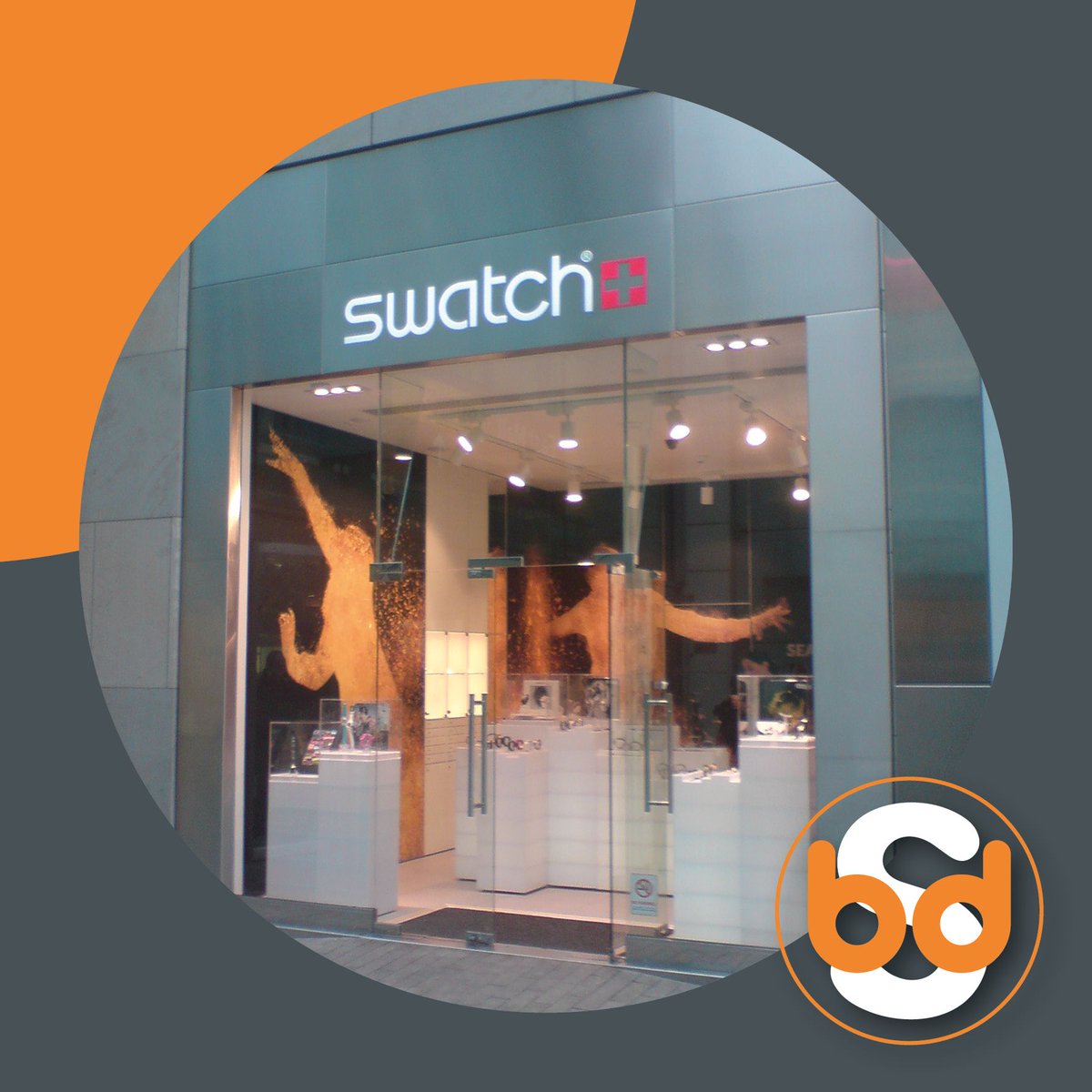 Fabricated signage is another speciality at Bowden &amp; Dolphin. This project at the BullRing was fitted directly to the glass and illuminated.From design to installation we can sort any bespoke signage. #signage #bullring #swatch #design #fabricatedsignage
