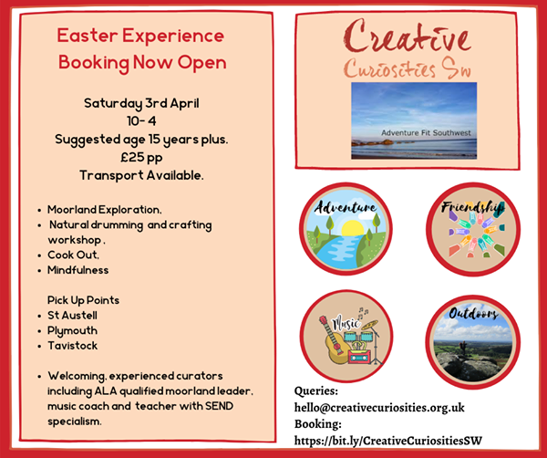 Felber_Charity's tweet photo. We're excited to announce that our Partners Creative Curiosities SW are booking for their Easter Experiences 😁
They are running a full day's session on Saturday 3rd April, suggested age range 15 plus years. #SEND #Plymouth #Autism https://t.co/JstXksppOf