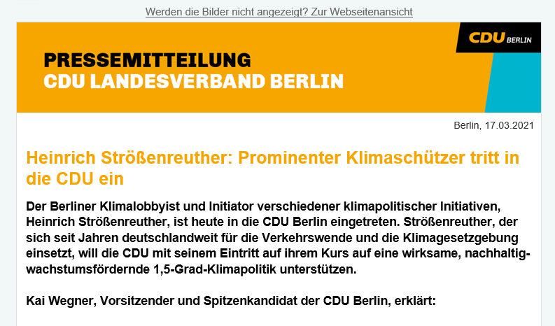 Robert_Kiesel's tweet photo. Dolle Nummer: Der @wegeheld tritt in die @cduberlin ein. Sein Ziel: Klimaneutralität 2035. Muss er dann jetzt nur noch seiner neuen Partei erklären. https://t.co/eeL9tyCsDV