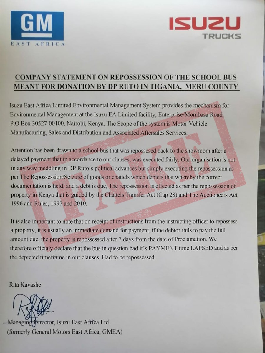 IsuzuKenya's tweet photo. It has come to our attention that the letter below is circulating in different networks. We wish to inform you that the information is FAKE NEWS. Kindly beware. https://t.co/nFlkysfsFP